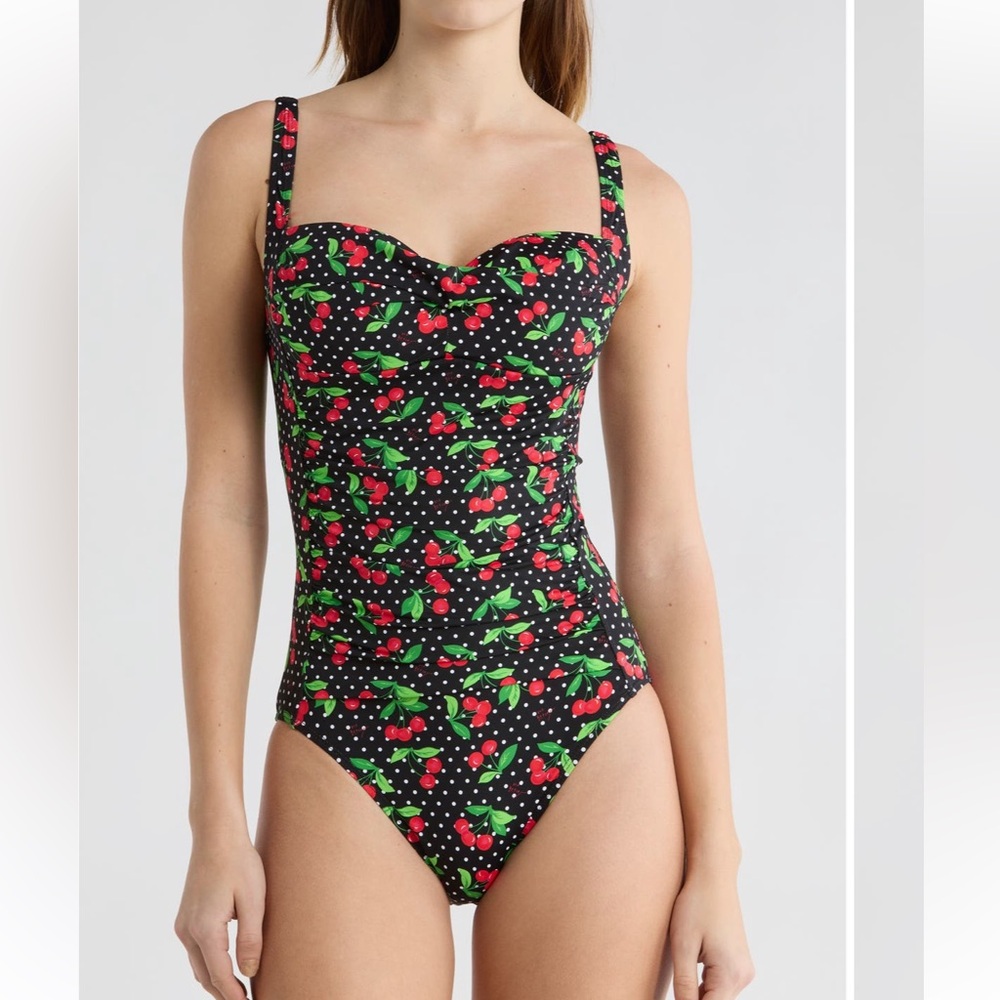 New BETSEY JOHNSON One-Piece Black Bandeau Swimsuit Women's Cherry Print